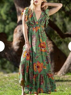 Silver Jeans Olive Green Floral V-Neck Maxi Dress with Ruffle Sleeves
